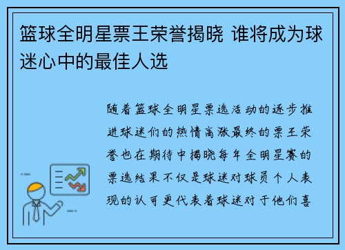 篮球全明星票王荣誉揭晓 谁将成为球迷心中的最佳人选